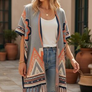 Peachpuff Gray Orange Boho Tribal Fringe Open Poncho Size Small Aztec Southwest